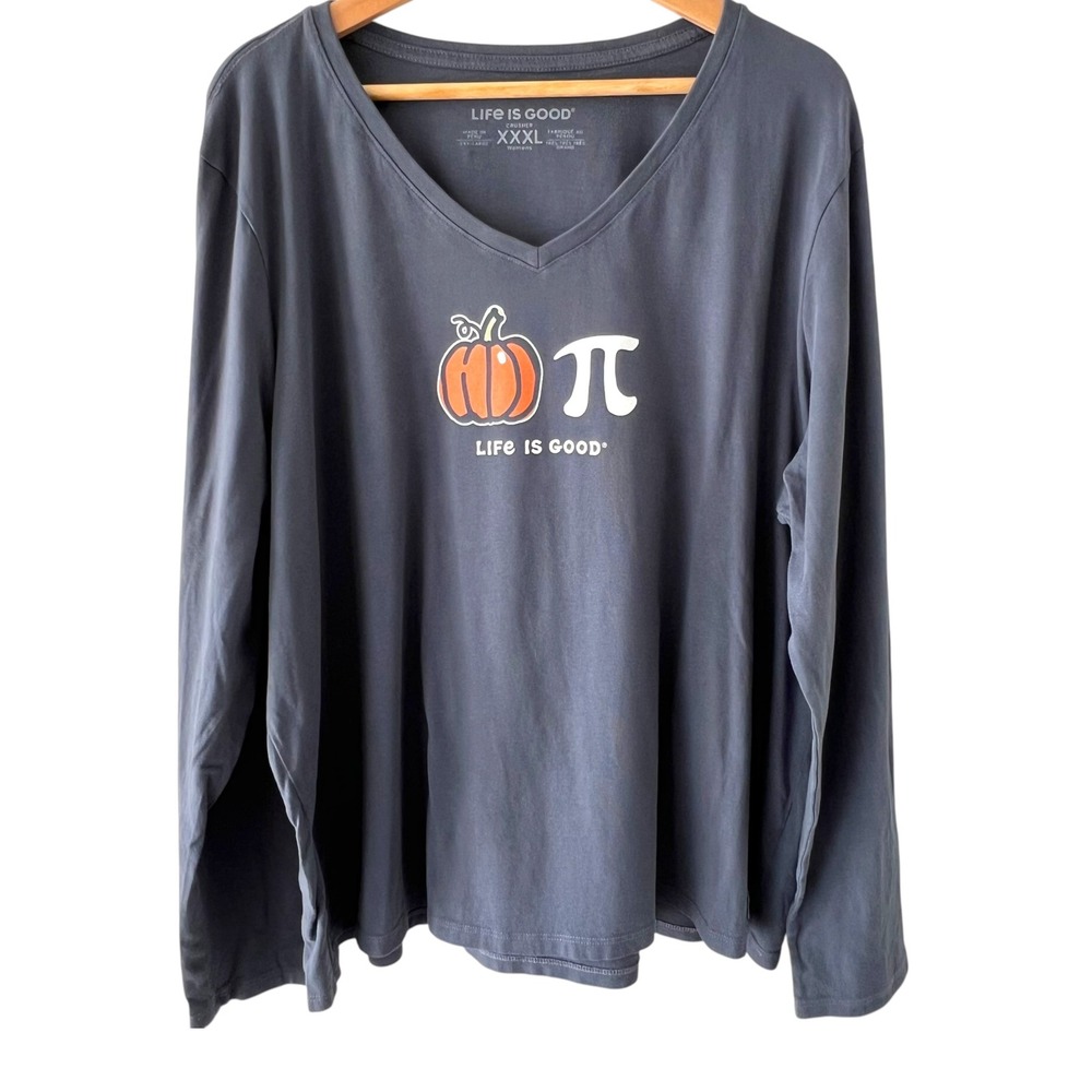 Life is Good Crusher Vee Shirt Pumpkin Pi Graphic Gray Long Sleeve Womens XXXL